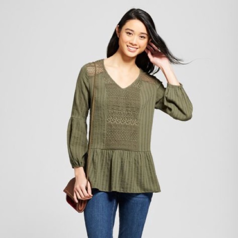 Knox Rose Olive Green Long Sleeve Crochet Blouse - Picture 1 of 16